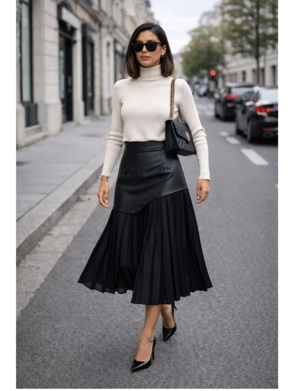 Commense Black Asymmetric Patchwork Faux Leather Chiffon Pleated Midi Skirt